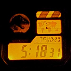 May include: A digital watch face with a bright orange backlight. The display features a circular dinosaur silhouette logo, a world map graphic, and the text LIS 10-20 above the digital time readout of 5:18:31. The watch has a dark frame.