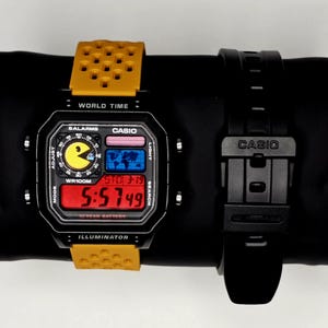 Black Casio AE1200WH themed Pacman, Pink Blue & Red filter, magnetic band- Casio Royale Custom Digital World Time Watch modified