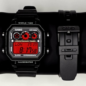 Black Casio AE1300WH Red Screen Mod, - Casio Royale Custom Digital World Time Watch Mod, Brand New, casiomadness
