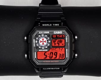 Casio AE1200 "Resident Evil" Mod personalizzato - / Orologio digitale con ora mondiale / Orologio retrò a tema / Regalo personalizzato per giocatori / Articoli essenziali