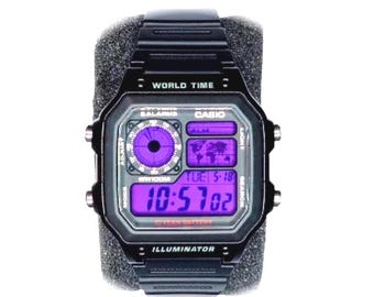 Custom Casio AE1200 Purple Screen Digital Watch | Casio Royale Mo | World Time Retro Watch, Essentials, Gift