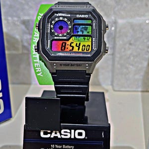 Black Casio AE1200WH with multicolor Screen Mod, - Casio Royale Custom Digital World Time Watch Mod, Brand New, casiomadness
