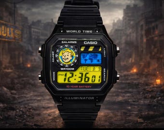Custom Casio AE1200 “Fallout” Mod – Yellow & Blue Filter | World Time Digital Watch | Themed Retro Watch | Custom Gift for Gamers | Essentia