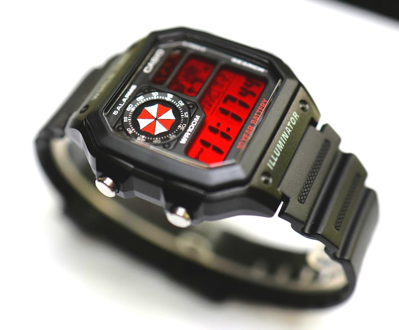 Custom Casio AE1200 “Resident Evil” Mod – | World Time Digital Watch | Themed Retro Watch | Custom Gift for Gamers | Essentials image 2