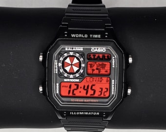 Custom Casio AE1200 “Resident Evil” Mod – | World Time Digital Watch | Themed Retro Watch | Custom Gift for Gamers | Essentials