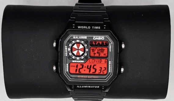 Custom Casio AE1200 “Resident Evil” Mod – | World Time Digital Watch | Themed Retro Watch | Custom Gift for Gamers | Essentials