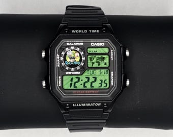 Orologio Casio AE1200 "Rick and Morty" Royale Mod / Orologio modificato con filtro schermo verde / Orologio digitale con ora mondiale / Orologio a tema cartone animato retrò
