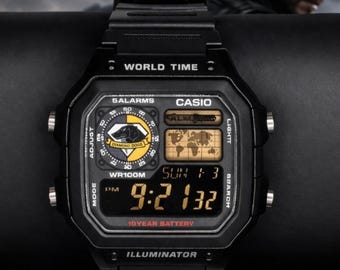 Custom Casio AE1200 “Metal Gear Soild” Mod Negative Display–| World Time Digital Watch | Retro Watch | Custom Gift for Gamers | Essentials