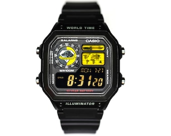 Reloj Casio AE1200 personalizado “Metal Gear Solid” con pantalla negativa / Reloj digital con hora mundial / Reloj retro / Regalo personalizado para gamers / Artículos esenciales