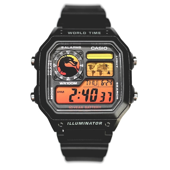 Custom Casio AE1200 " Mortal Kombat World Time Digital Watch, essentials, themed