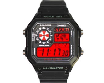 Custom Casio AE1200 “Resident Evil” Mod – | World Time Digital Watch | Themed Retro Watch | Custom Gift for Gamers | Essentials