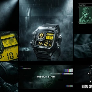 May include: A black Casio digital watch featuring a square case, a yellow-tinted LCD screen displaying the time, a world map graphic, and the text Illuminator. The watch includes a black resin strap and is presented in a tactical, dark aesthetic.