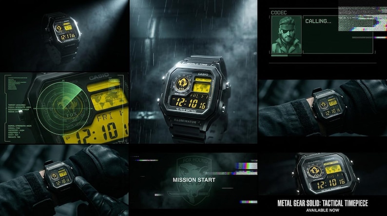 May include: A black Casio digital watch featuring a square case, a yellow-tinted LCD screen displaying the time, a world map graphic, and the text Illuminator. The watch includes a black resin strap and is presented in a tactical, dark aesthetic.
