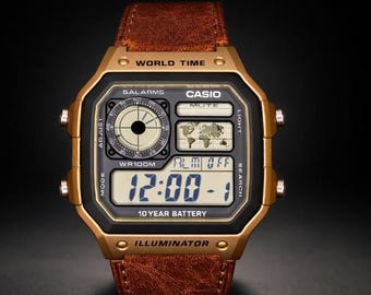 Custom Casio AE1200 Bronze  Mod | Genuine Leather band, World Time Digital Watch | Essentials, Gift for Him