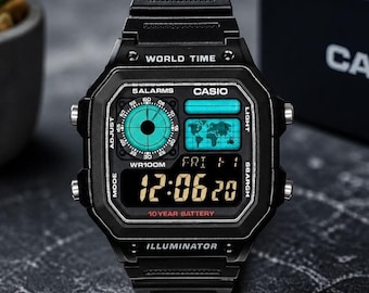 Custom Casio AE1200 Tiffany Blue Edition – Negative Screen Mod | Luxury Style World Time Watch | Retro Digital Watch Gift, Essentials