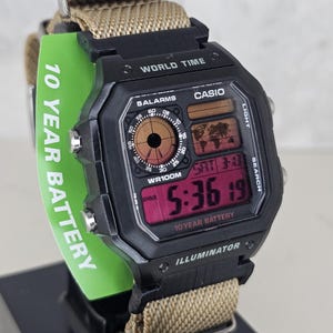 Custom Casio AE-1200 Mod Watch: Red-Yellow Screen, Beige 22mm Strap