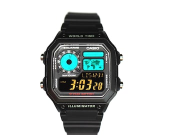 Custom Casio AE1200 Tiffany Blue Edition – Negative Screen Mod | Luxury Style World Time Watch | Retro Digital Watch Gift, Essentials