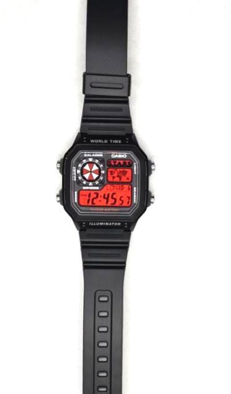 Custom Casio AE1200 “Resident Evil” Mod – | World Time Digital Watch | Themed Retro Watch | Custom Gift for Gamers | Essentials No Case/S-Protector