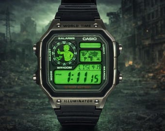 Custom Casio AE1200 Silver “Fallout Pipboy” Mod – | World Time Digital Watch | Themed Retro Watch | Custom Gift for Gamers | Essentia