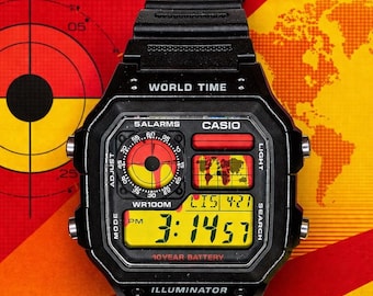 Custom Casio AE1200 DRIP Mod Watch – Red Yellow Filter | Casio Royale World Time | Retro Digital Watch | Custom Modded Watch Gift for Gamers