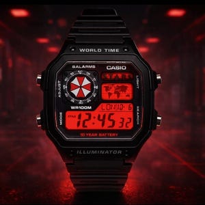 Custom Casio AE1200 “Resident Evil” Mod – | Weltzeit Digitaluhr | Themed Retro Uhr | Individuell gefertigtes Geschenk für Gamer | Das Wesentliche