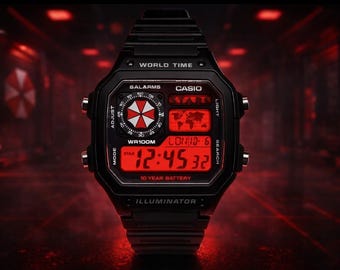 Custom Casio AE1200 “Resident Evil” Mod – | World Time Digital Watch | Themed Retro Watch | Custom Gift for Gamers | Essentials