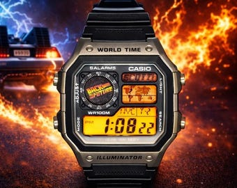 Custom Casio AE1200 "Back to the Future" "DeLorean" Mod: World Time Digital Watch, essentials, themed