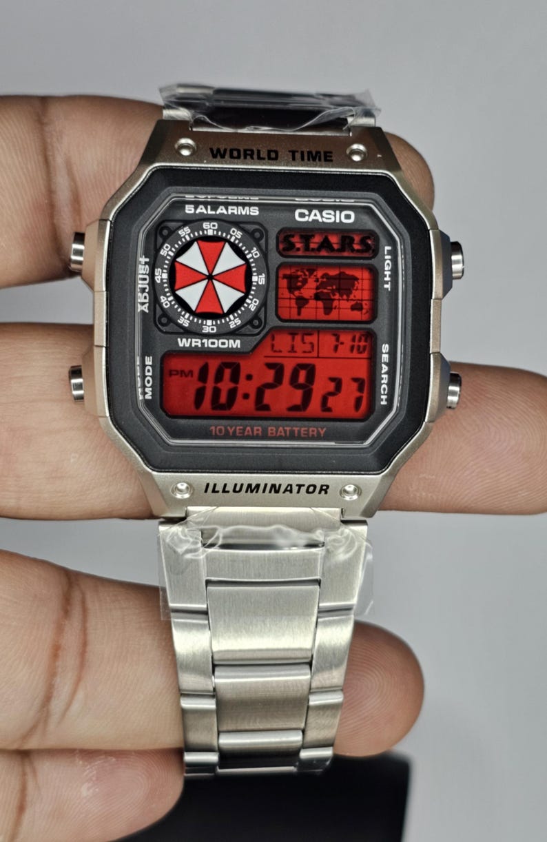 Custom Casio AE1200 “Resident Evil” Mod – | World Time Digital Watch | Themed Retro Watch | Custom Gift for Gamers | Essentials image 9
