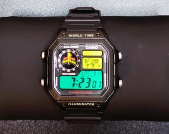 Casio AE1200 "Power Rangers" Mod personalizzato: orologio digitale con ora mondiale, essenziale, a tema