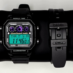 Black Casio AE1300WH &quot;Joker&quot; with Green and Purple Screen Mod, - Casio Royale Custom Digital World Time Watch Mod, Brand New, casiomadness