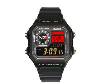 Custom Casio AE1200 “Mass Effect"  Mod – |Red/Black, World Time Digital Watch | Themed Retro Watch | Custom Gift for Gamers | Essentials