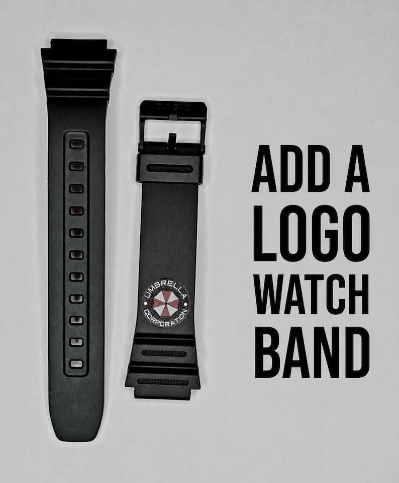 May include: Two black watch bands are displayed against a gray background. One band has a series of holes, and the other has a buckle and a circular logo with the text "Umbrella Corporation". The text "ADD A LOGO WATCH BAND" is also visible.