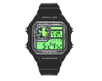 Custom Casio AE1200 Silver “Fallout Pipboy” Mod – | World Time Digital Watch | Themed Retro Watch | Custom Gift for Gamers | Essentia