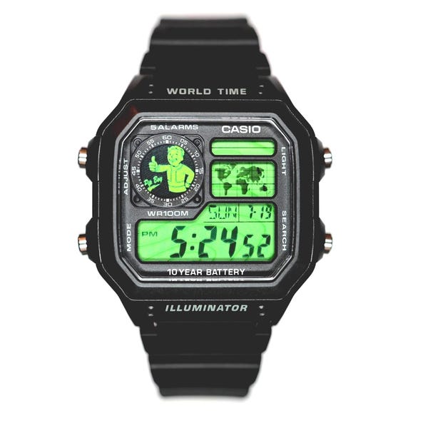 Custom Casio AE1200 “Fallout Pipboy” Mod – | World Time Digital Watch | Themed Retro Watch | Custom Gift for Gamers | Essentia