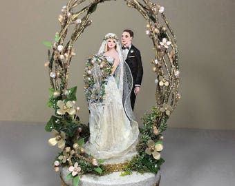 Vintage Garden Wedding Cake Topper, Keepsake Box in Gold and Blush Pink with Green