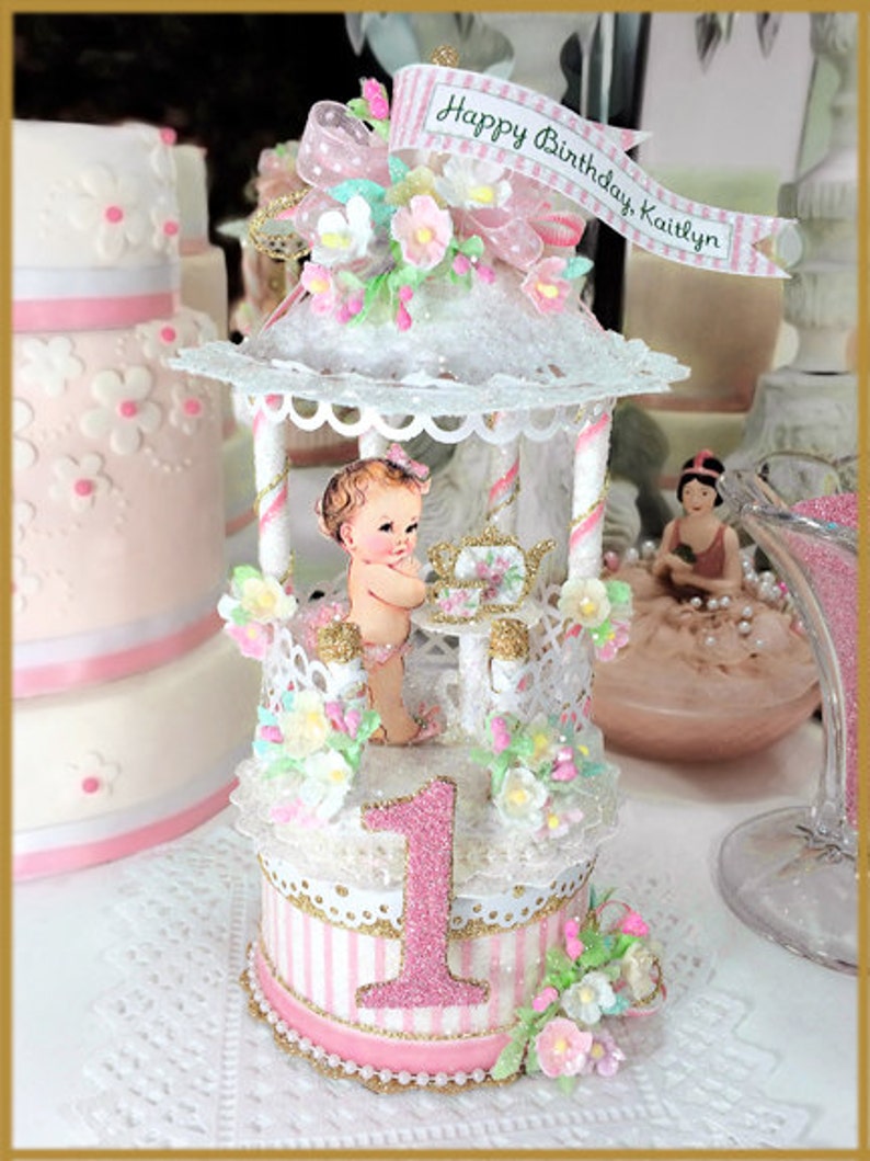 Victorian Tea Party Birthday Cake Topper, Keepsake Box, First Birthday Cake Topper image 2