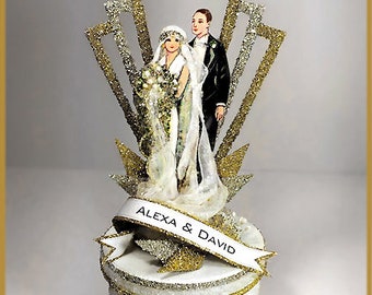 1920's "Art Deco" Great Gatsby, Old Hollywood Glamour, Wedding Cake Topper, Keepsake Box