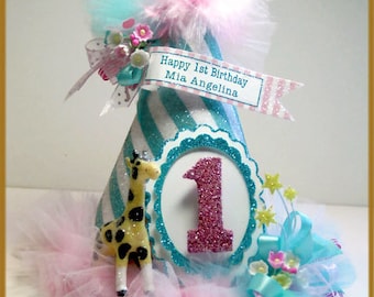 Vintage Carnival Pink & Aqua 1st Birthday Hat