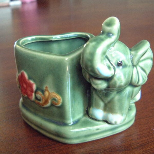 Elephant planter- heart-  green- vintage- stoneware- ceramic- elephant- good luck