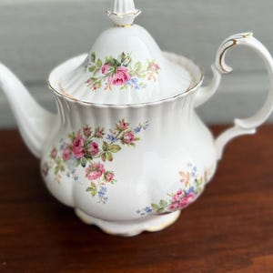 Vintage teapot with lid. Royal Albert &quot;Moss Rose&quot; pattern.  Bone china. Retired pattern-England