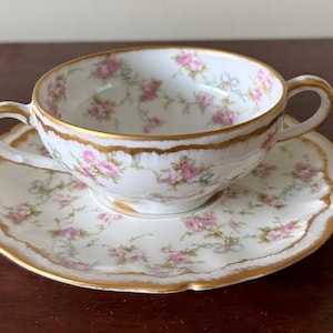Antique Theodore Haviland Limoges France Bouillon Cup, Gold Gilded with Pink Roses