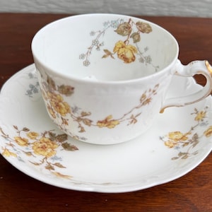 May include: White teacup and saucer set with a floral design featuring yellow roses and blue accents. The teacup has a gold-trimmed handle and rim. The saucer has a scalloped edge. The set is placed on a dark wooden surface.