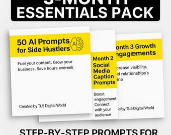 May include: A 3-Month Essentials Pack with three white cards featuring yellow headers and text. The cards offer AI prompts for side hustlers, social media caption prompts, and growth engagements. The pack is designed for entrepreneurs.