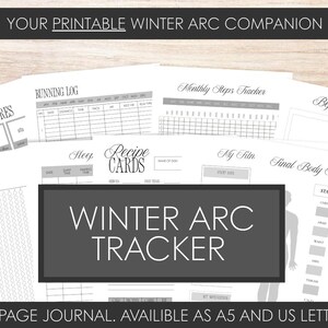 Könnte beinhalten: Ein druckbares Winter-Tracker-Journal mit verschiedenen Seiten zur Fortschrittsverfolgung, einschließlich Wochenfotos, Lauflisten und Körpermaßen. Erhältlich in den Größen A5 und US Letter.