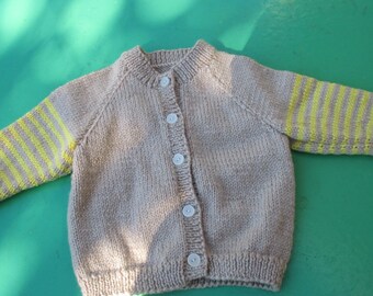 Hand Knitted Cardigan - Gorgeous Tan and Yellow Striped Sleeved Cardigan for Girl or Boy Aged around 1-2 years.