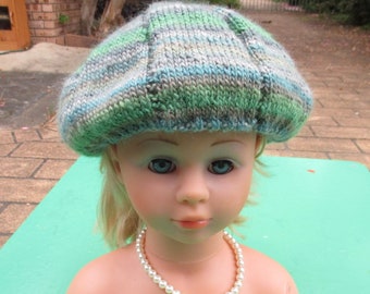 Handmade Knitted Green Variegated Beret for Girl aged 8-12 years.