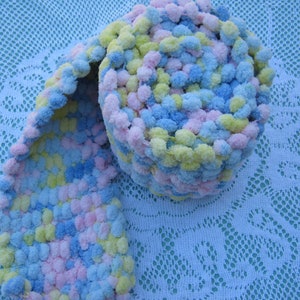 ON SALE Pom Pom Scarf Hand Knitted in shades of Pink, Blue, Yellow pastels image 1