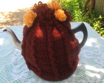 Vintage Tea Cozy - Brown, Tan with pom pom flowers on top - Vintage Style for your teapot.