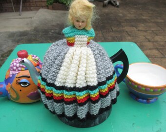 Vintage Tea Cozy - Grey and White Doll  - Vintage Style for your teapot.