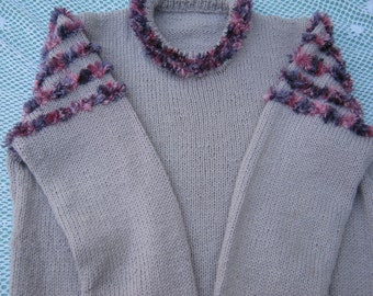 Hand Knitted Sweater - Gorgeous Pale Purple and Faux Fur Jumper/Sweater for a Girl aged around 8 years.